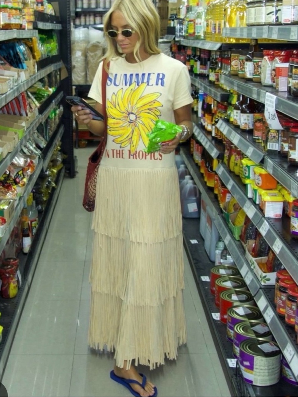 Farm Rio Summer in the Tropics Beige Fringe Maxi Banana Blossom Resort Dress S